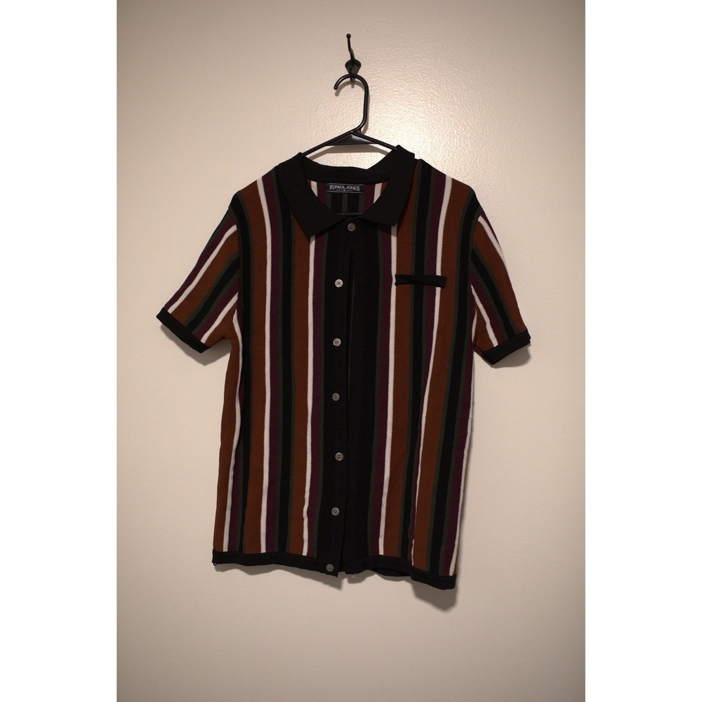 Paul Jones Mens Vertical Stripe Knit Button Down Shirt Short Sleeve Brown Multi